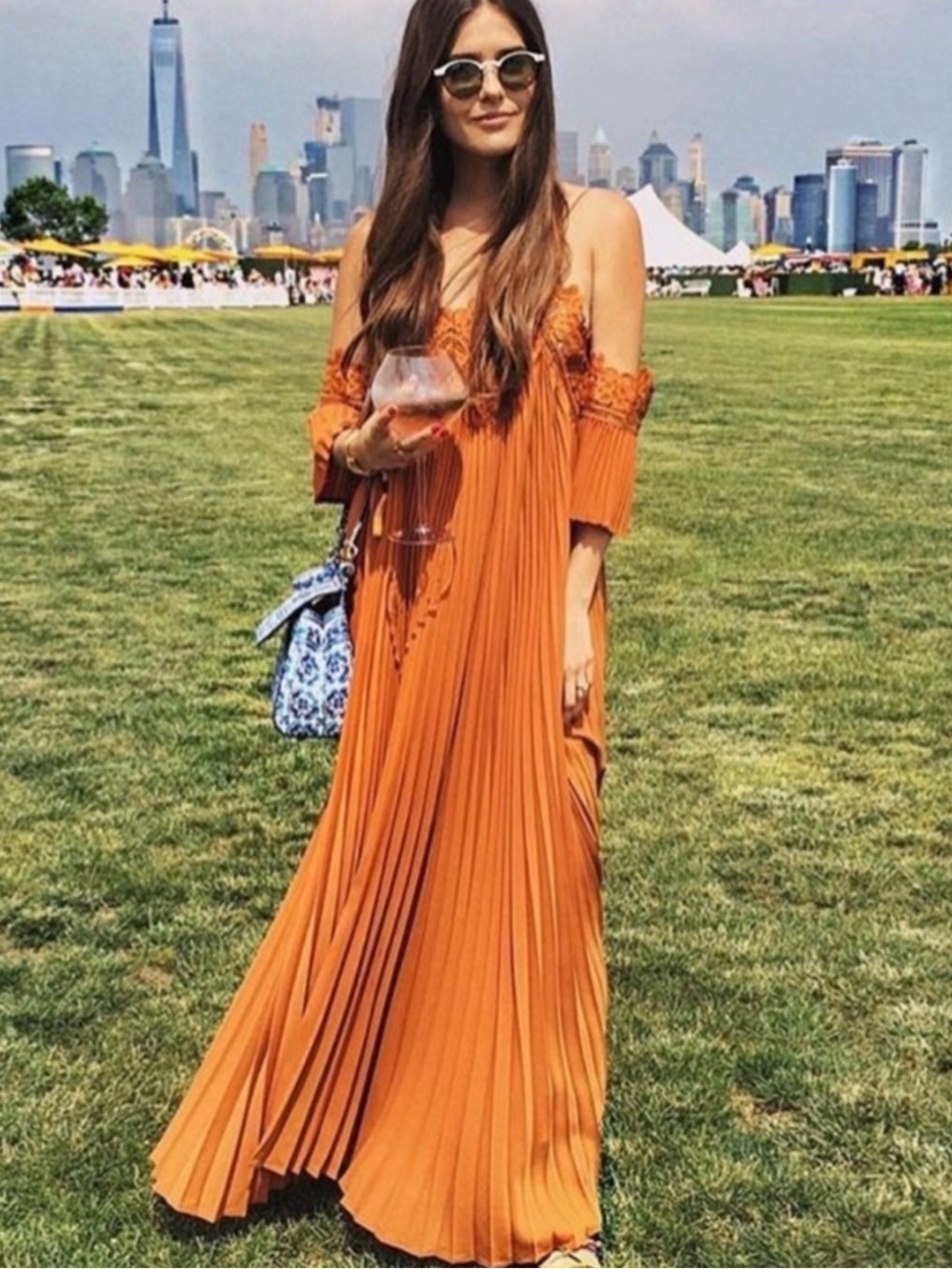 Self-Portrait Orange Pleated Crepe Lace Dress